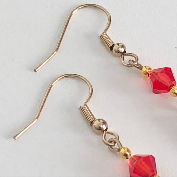 New Blood Red Crimson Dangle Drop Glass Teardrop Earrings Faceted Bicone Beads - Picture 7 of 11